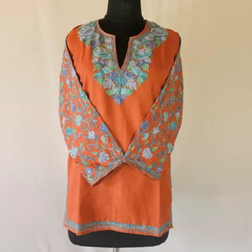 Rustic Orange Short Kashmiri Cotton Kurti With Ari Embroidered Sleeves - Zohra