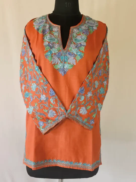 Rustic Orange Short Kashmiri Cotton Kurti With Ari Embroidered Sleeves - Zohra