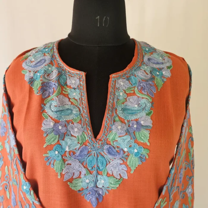 Rustic Orange Short Kashmiri Cotton Kurti With Ari Embroidered Sleeves - Zohra - Image 2