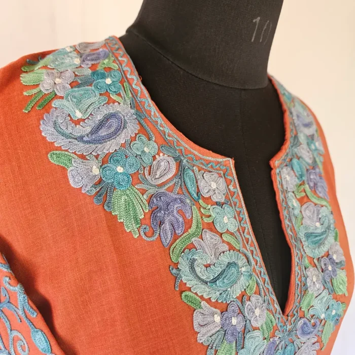Rustic Orange Short Kashmiri Cotton Kurti With Ari Embroidered Sleeves - Zohra - Image 4