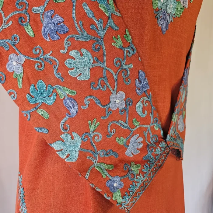 Rustic Orange Short Kashmiri Cotton Kurti With Ari Embroidered Sleeves - Zohra - Image 3