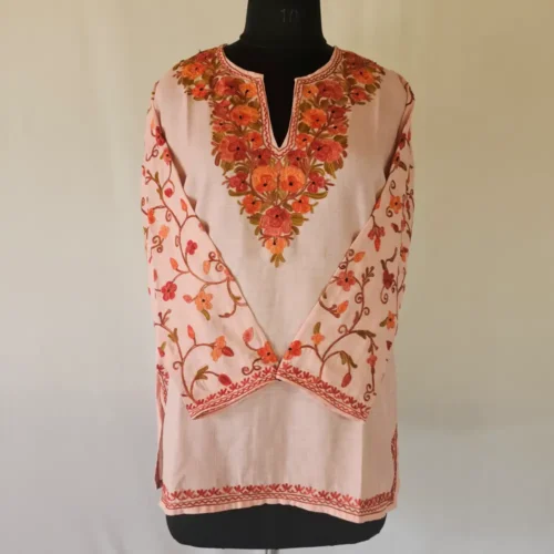 Baby Pink Short Kashmiri Cotton Kurti With Ari Embroidered Sleeves - Zohra