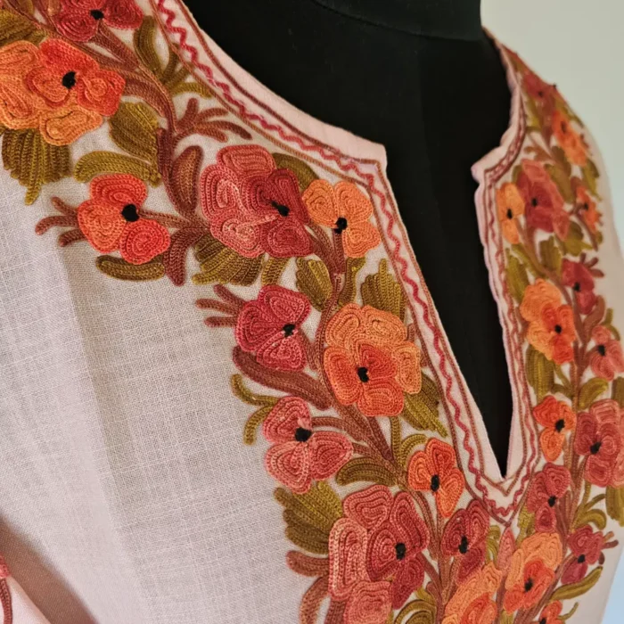 Baby Pink Short Kashmiri Cotton Kurti With Ari Embroidered Sleeves - Zohra - Image 4
