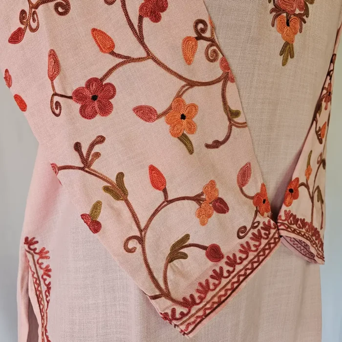 Baby Pink Short Kashmiri Cotton Kurti With Ari Embroidered Sleeves - Zohra - Image 3