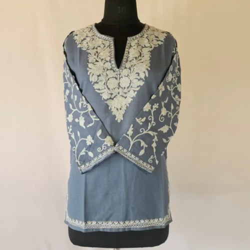Dark Grey Short Kashmiri Cotton Kurti With Ari Embroidered Sleeves - Zohra