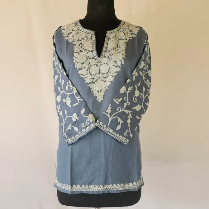 Dark Grey Short Kashmiri Cotton Kurti With Ari Embroidered Sleeves - Zohra