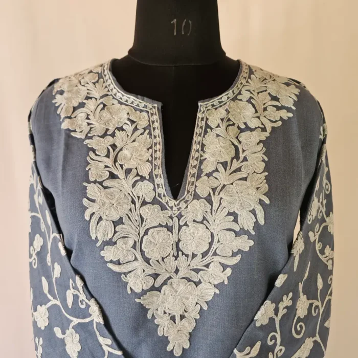 Dark Grey Short Kashmiri Cotton Kurti With Ari Embroidered Sleeves - Zohra - Image 2