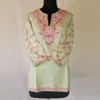 Tea Green Short Kashmiri Cotton Kurti With Ari Embroidered Sleeves - Zohra