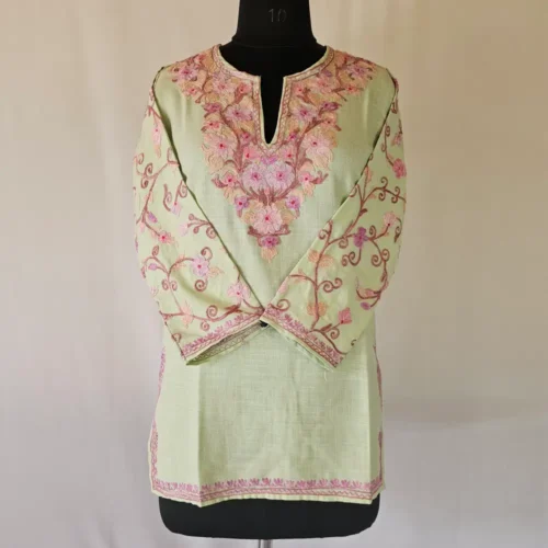 Tea Green Short Kashmiri Cotton Kurti With Ari Embroidered Sleeves - Zohra