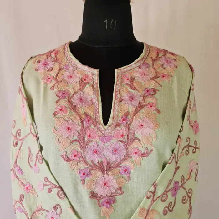 Tea Green Short Kashmiri Cotton Kurti With Ari Embroidered Sleeves - Zohra - Image 2