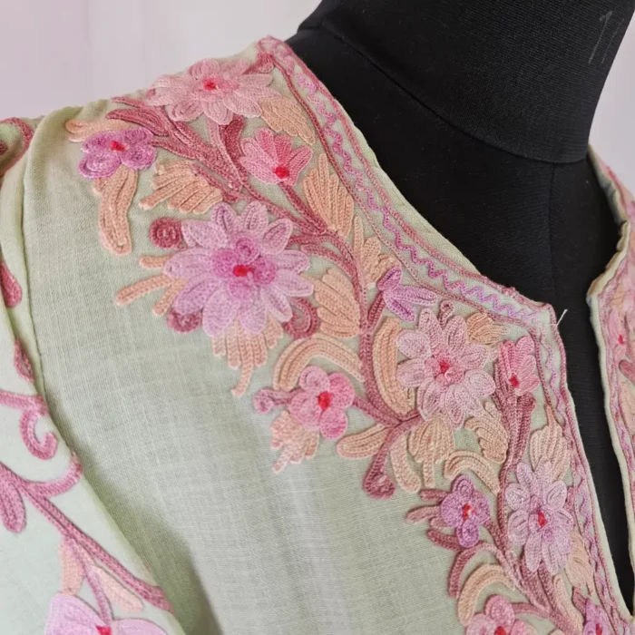 Tea Green Short Kashmiri Cotton Kurti With Ari Embroidered Sleeves - Zohra - Image 3