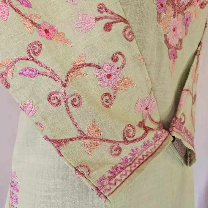 Tea Green Short Kashmiri Cotton Kurti With Ari Embroidered Sleeves - Zohra - Image 4