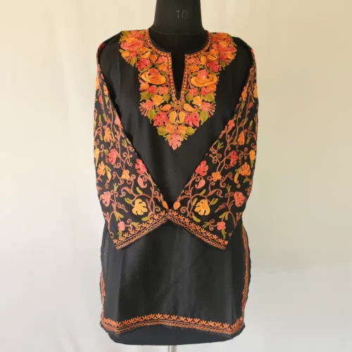 Short Kashmiri Black Cotton Kurti With Ari Embroidered Sleeves - Zohra
