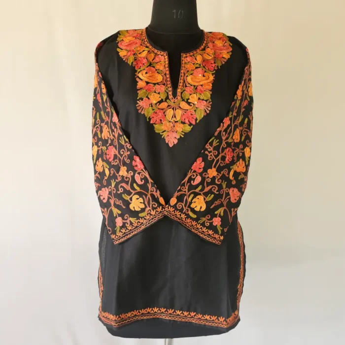 Short Kashmiri Black Cotton Kurti With Ari Embroidered Sleeves - Zohra