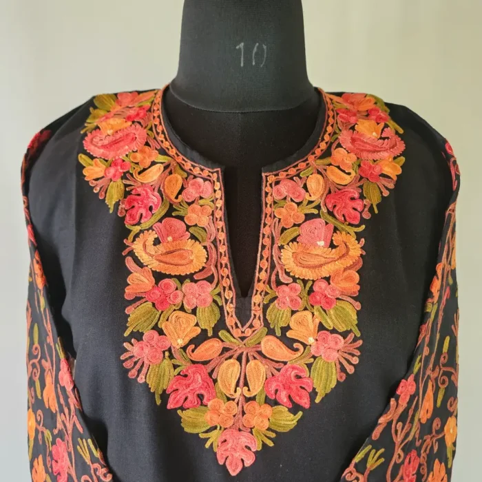 Short Kashmiri Black Cotton Kurti With Ari Embroidered Sleeves - Zohra - Image 2