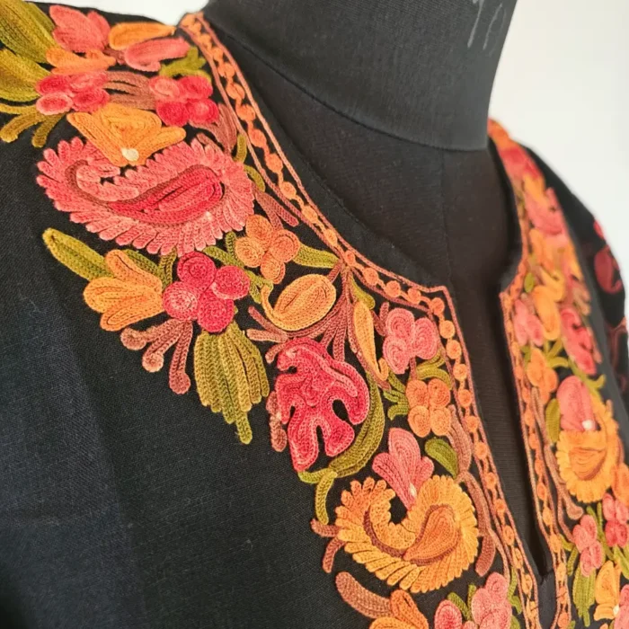 Short Kashmiri Black Cotton Kurti With Ari Embroidered Sleeves - Zohra - Image 3