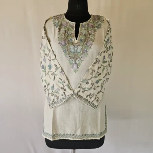 Short Kashmiri Cream Color Cotton Kurti With Ari Embroidered Sleeves - Zohra