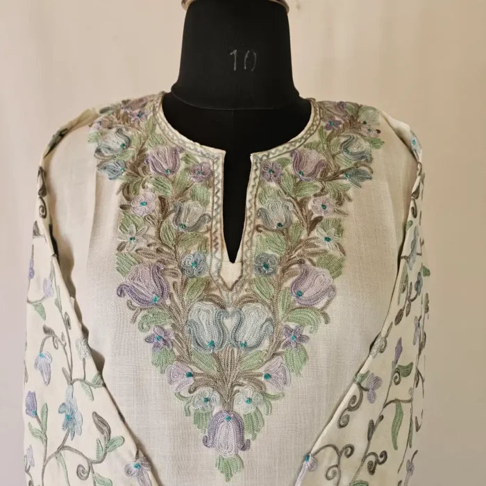 Short Kashmiri Cream Color Cotton Kurti With Ari Embroidered Sleeves - Zohra - Image 2