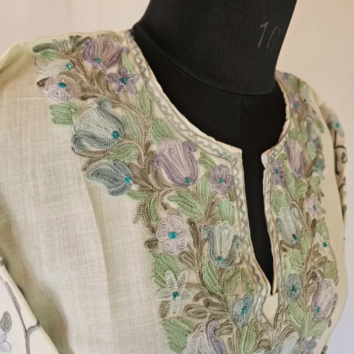 Short Kashmiri Cream Color Cotton Kurti With Ari Embroidered Sleeves - Zohra - Image 3