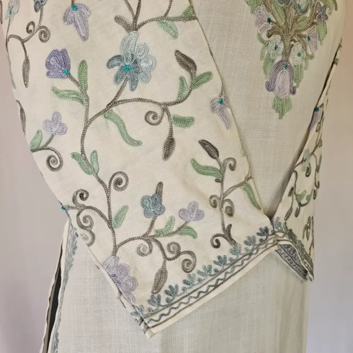 Short Kashmiri Cream Color Cotton Kurti With Ari Embroidered Sleeves - Zohra - Image 4