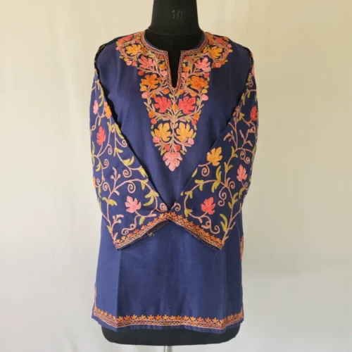 Dark Blue Short Kashmiri Cotton Kurti With Ari Embroidered Sleeves - Zohra