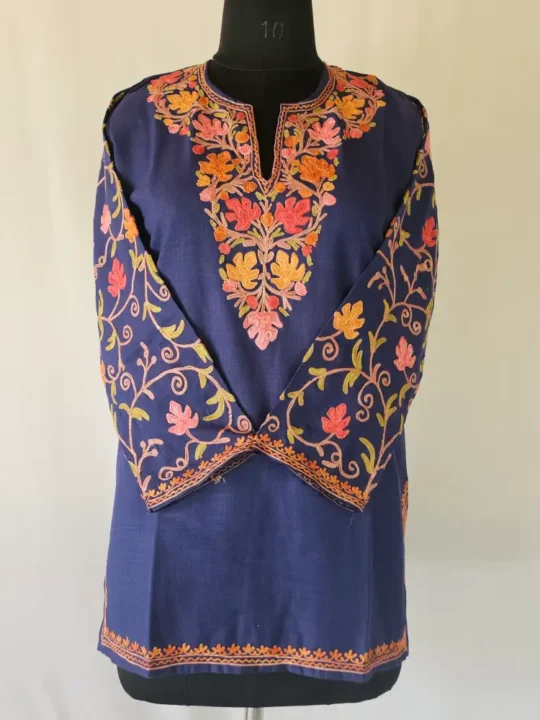 Dark Blue Short Kashmiri Cotton Kurti With Ari Embroidered Sleeves - Zohra