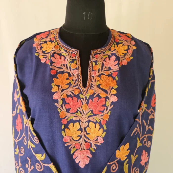 Dark Blue Short Kashmiri Cotton Kurti With Ari Embroidered Sleeves - Zohra - Image 2