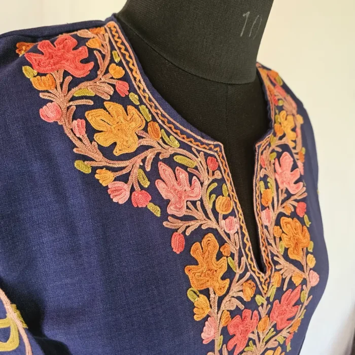 Dark Blue Short Kashmiri Cotton Kurti With Ari Embroidered Sleeves - Zohra - Image 3