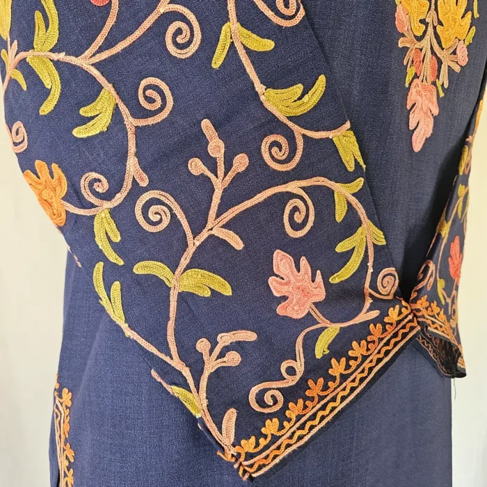 Dark Blue Short Kashmiri Cotton Kurti With Ari Embroidered Sleeves - Zohra - Image 4