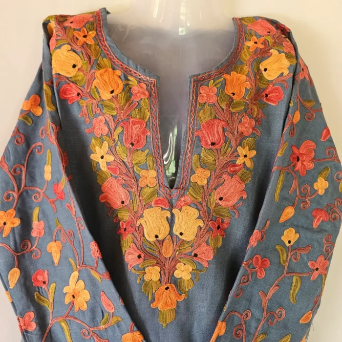 Short Dark Grey  Kashmiri Cotton Kurti With Ari Embroidered Sleeves - Zohra - Image 2