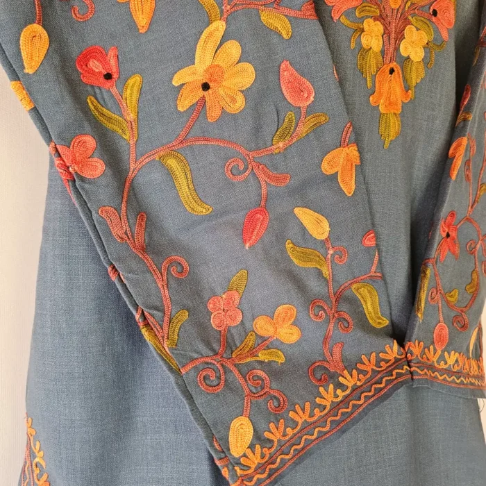 Short Dark Grey  Kashmiri Cotton Kurti With Ari Embroidered Sleeves - Zohra - Image 4