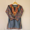 Short Dark Grey  Kashmiri Cotton Kurti With Ari Embroidered Sleeves - Zohra
