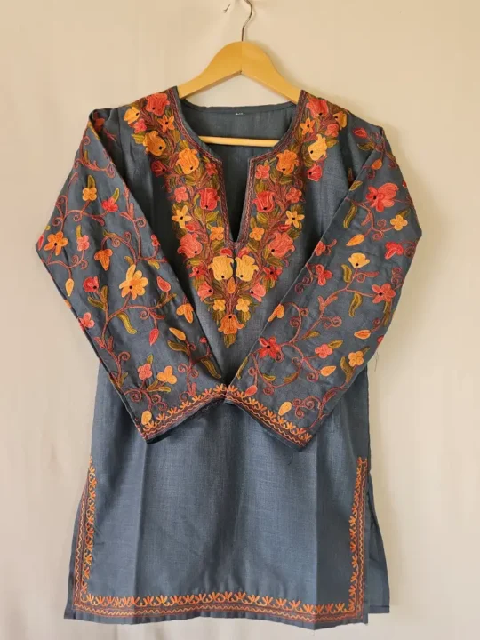 Short Dark Grey  Kashmiri Cotton Kurti With Ari Embroidered Sleeves - Zohra