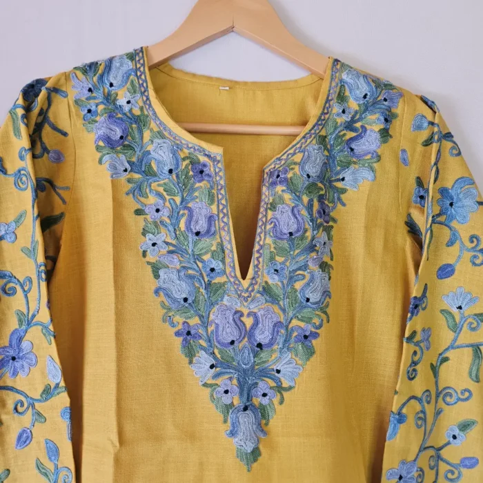 Mustard Short Kashmiri Cotton Kurti With Ari Embroidered Sleeves - Zohra - Image 2