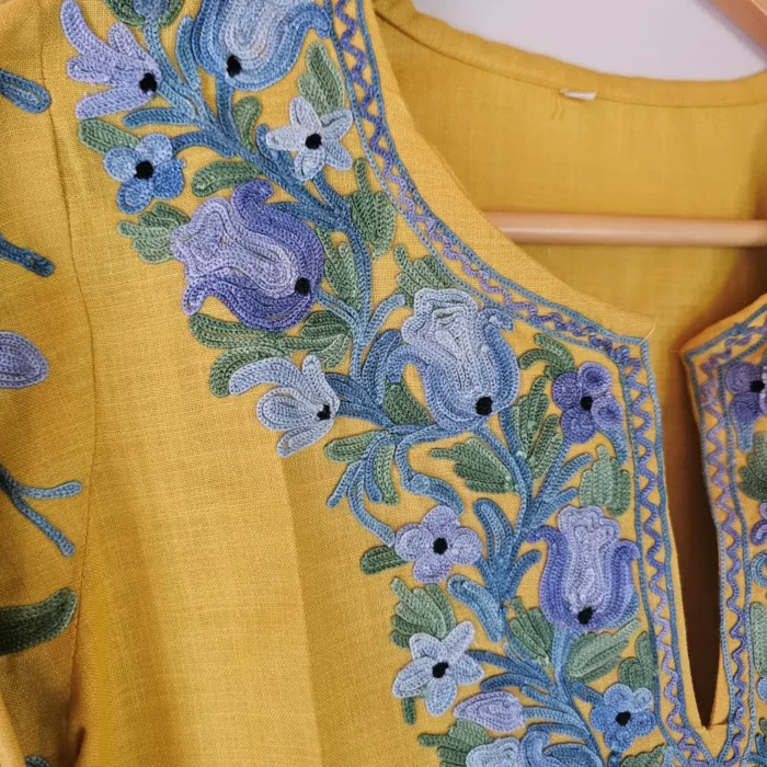 Mustard Short Kashmiri Cotton Kurti With Ari Embroidered Sleeves - Zohra - Image 3