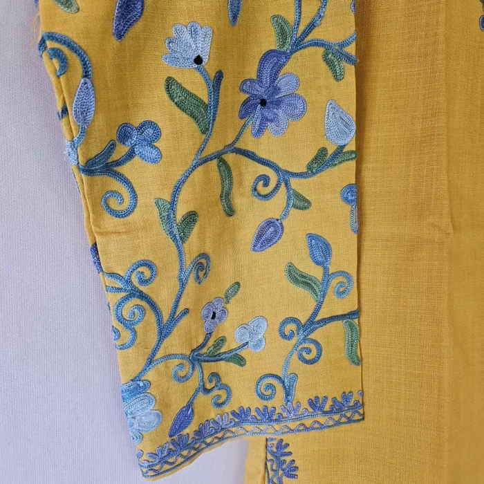 Mustard Short Kashmiri Cotton Kurti With Ari Embroidered Sleeves - Zohra - Image 4