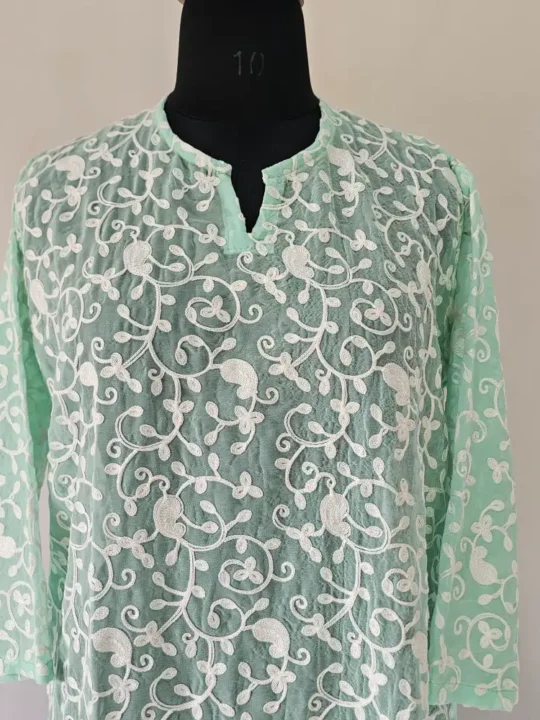 Sabzar Green Georgette Aari Work Kashmiri Long Kurti