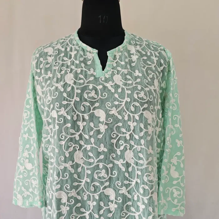 Sabzar Georgette Aari Work Kashmiri Short Kurti - Image 2