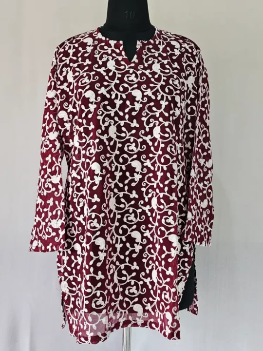 Kashmiri Mahnoor Short Wine Kurti in Georgette with Aari Embroidery