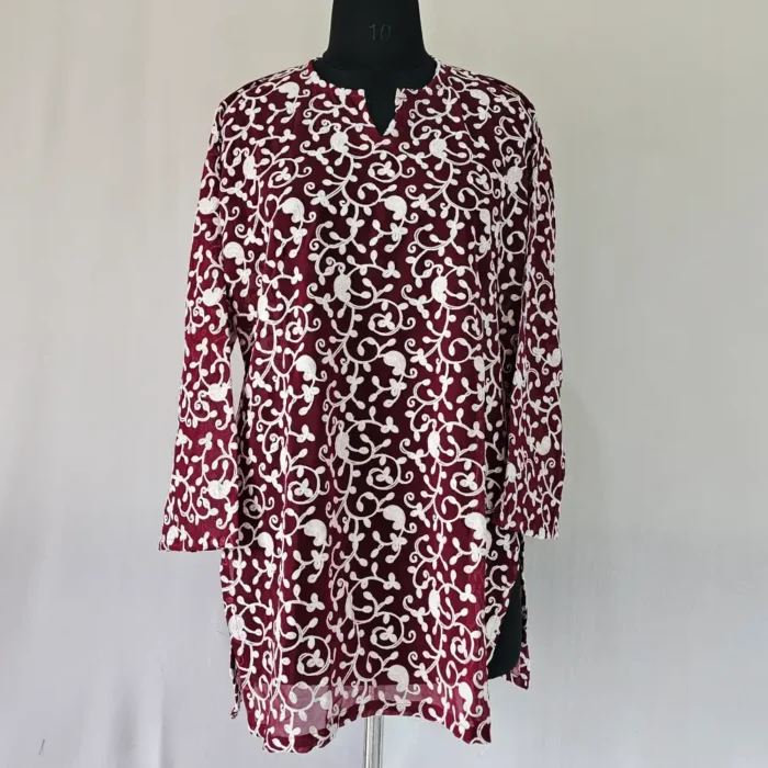 Kashmiri Mahnoor Short Wine Kurti in Georgette with Aari Embroidery