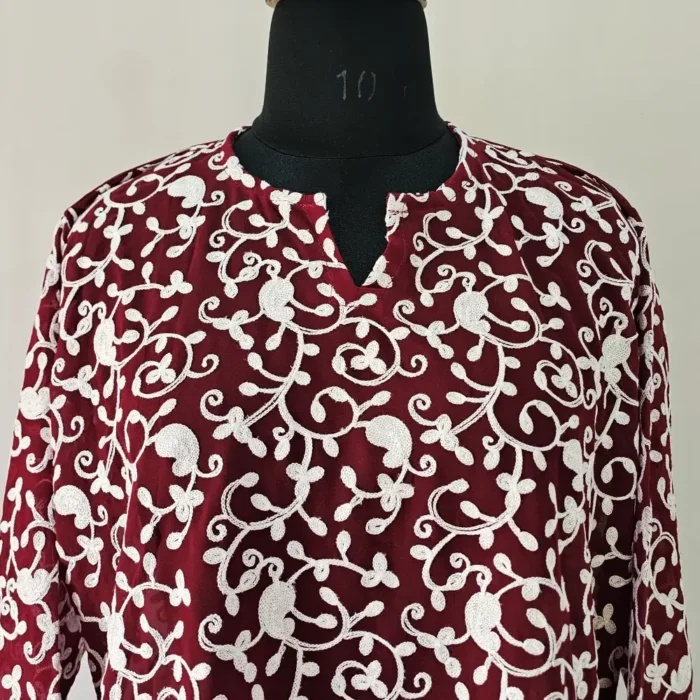 Kashmiri Mahnoor Short Wine Kurti in Georgette with Aari Embroidery - Image 2
