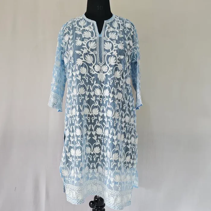 Haseen Kashmiri Blue Georgette Long Kurti with Aari Work