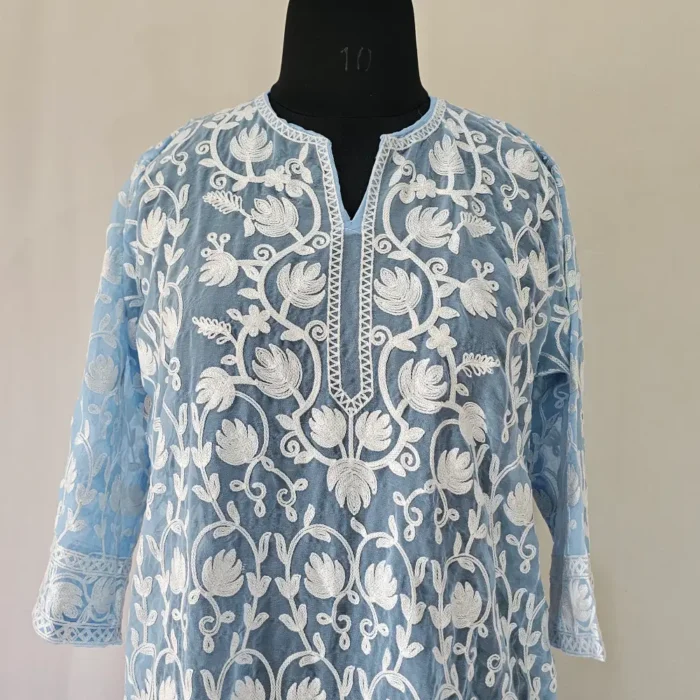 Haseen Kashmiri Blue Georgette Long Kurti with Aari Work - Image 2