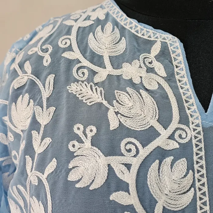 Haseen Kashmiri Blue Georgette Long Kurti with Aari Work - Image 3