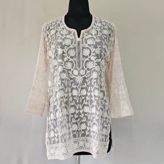 Georgette Pink Sehrish Short Kurti with Kashmiri Aari Embroidery
