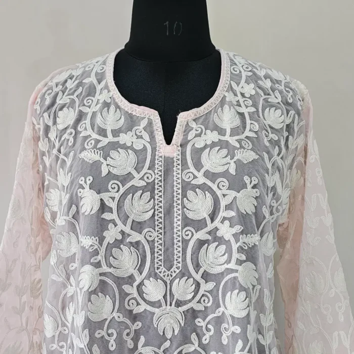 Georgette Pink Sehrish Short Kurti with Kashmiri Aari Embroidery - Image 2