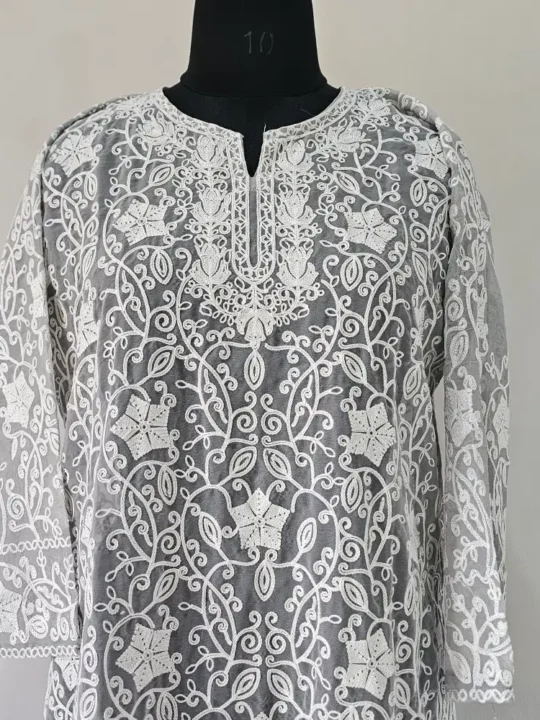 Kashmiri White and Grey Nori Long Kurti in Aari Embroidered Georgette