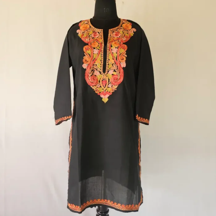 Kashmiri Black Aari Embroidered Summer Cool Kurti for Roshni - Image 2