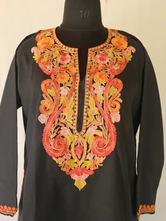 Kashmiri Black Aari Embroidered Summer Cool Kurti Roshni