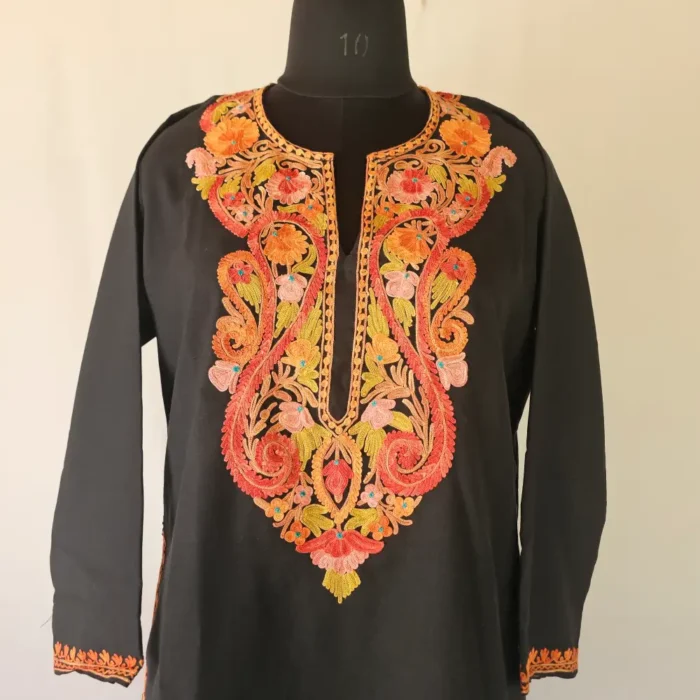 Kashmiri Black Aari Embroidered Summer Cool Kurti for Roshni